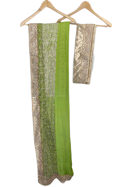 Chinon lime green saree with cutwork and mirror work border