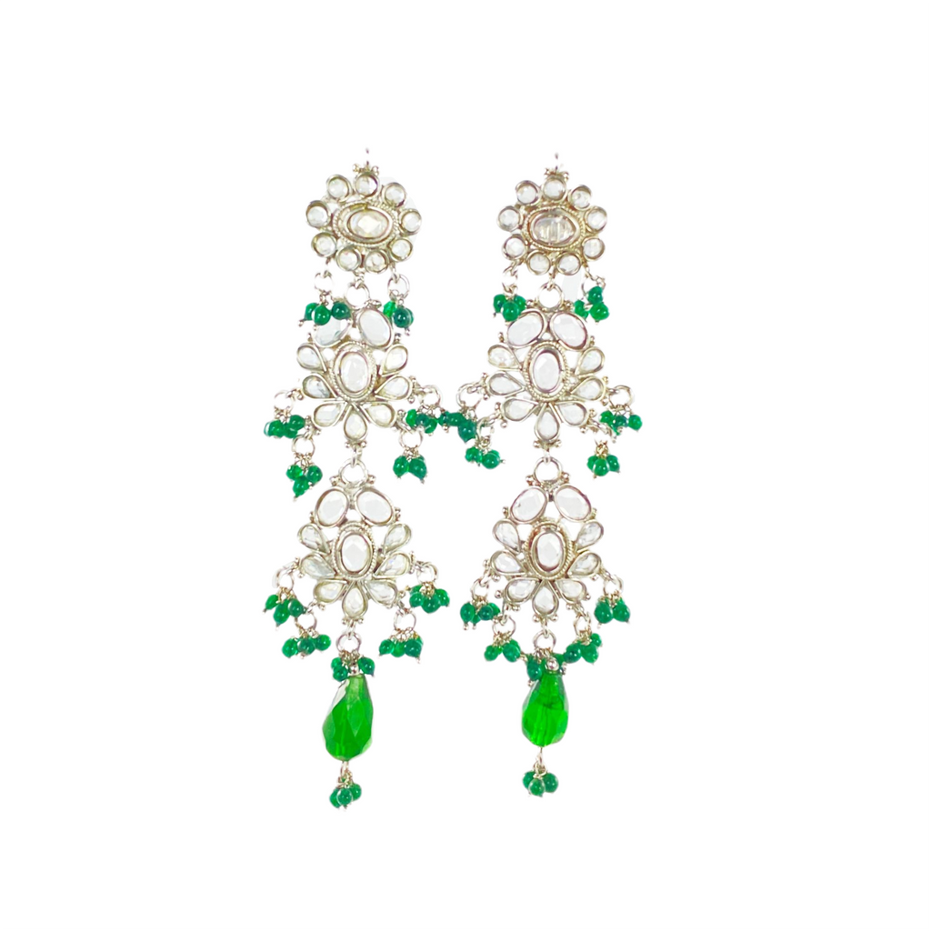 Silver Polki Green Earrings, Flora designer