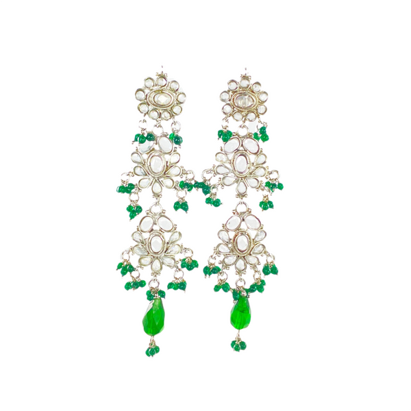 Silver Polki Green Earrings, Flora designer