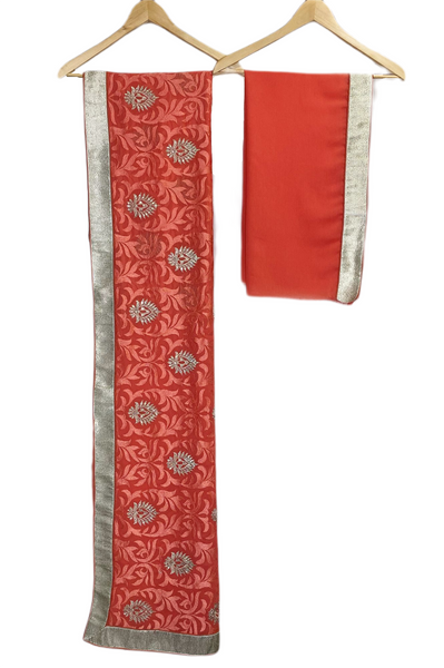 Saree: Allover Embroidery with Resham Work & Zari Bute. Zari Border Material: Chiffon  Colour: Apricot  Blouse: Unstitched - Zari Border Material: Chiffon Colour: Apricot
