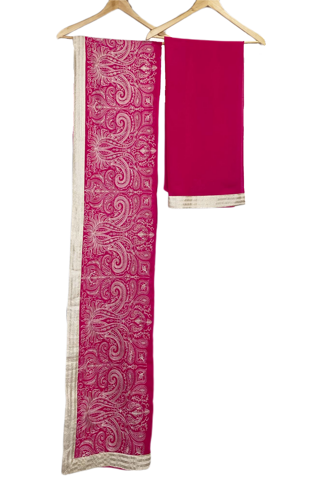 Saree: 10" Embroidery with Resham Work. Resham Bute All Over Saree. Cream Resham Border Material: Chiffon  Colour: Hot Pink Blouse: Unstitched - Resham Border Material: Chiffon