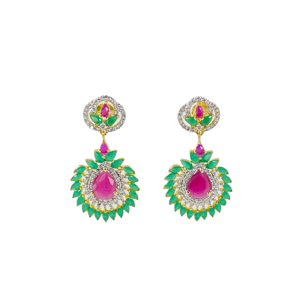 American Diamond Cubic Zirconia with Ruby & Emerald Semi Precious Stones Long Earrings Colour: Pink, Green, Silver