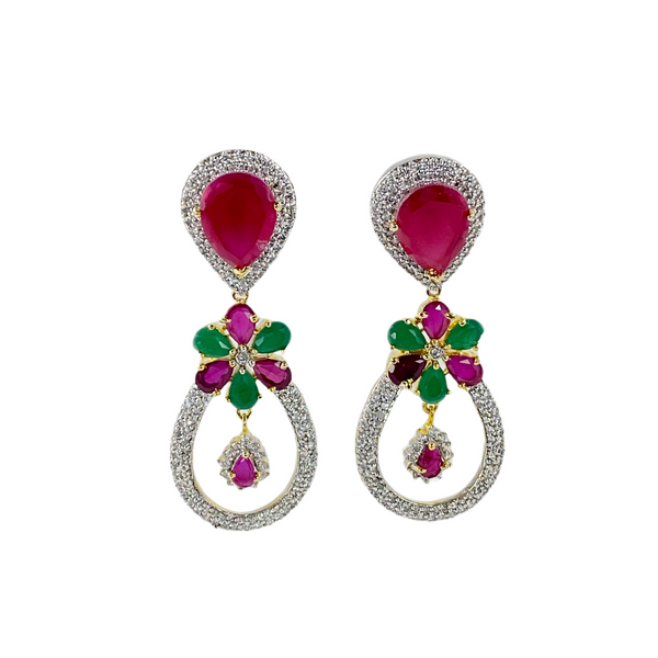 American Diamond Cubic Zirconia with Ruby & Emerald Semi Precious Stones long earrings Colour: Pink, Green, Silver