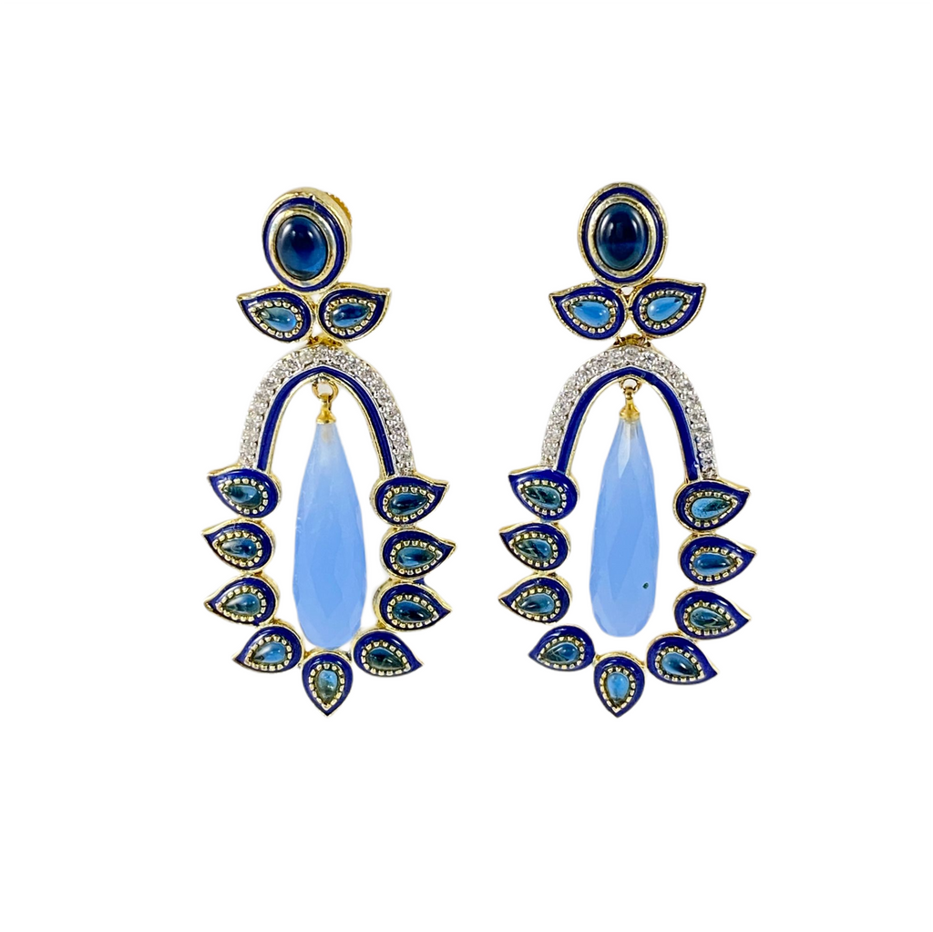 American Diamond Cubic Zirconia with Sapphire Semi Precious Stones Long Earrings Colour: Silver, Blue Base: Gold Plated High Quality Alloy