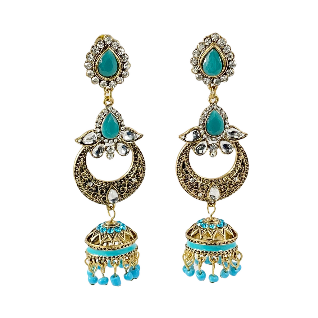 American Diamond Cubic Zirconia with Turquoise Stones and Copper Finish Long Earrings Colour: Turquoise, Blue, Copper Base:  High Quality Alloy