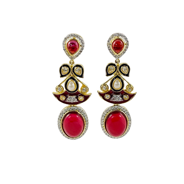 American Diamond Cubic Zirconia with Pearl & Garnet Semi-Precious Stones and Minakari Work earring Colour: Red, Gold