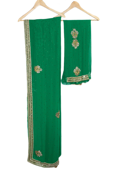 Green Stones All Over Saree with Yellow & Clear Stone Bute Work. Pearl & Mirror Work Border