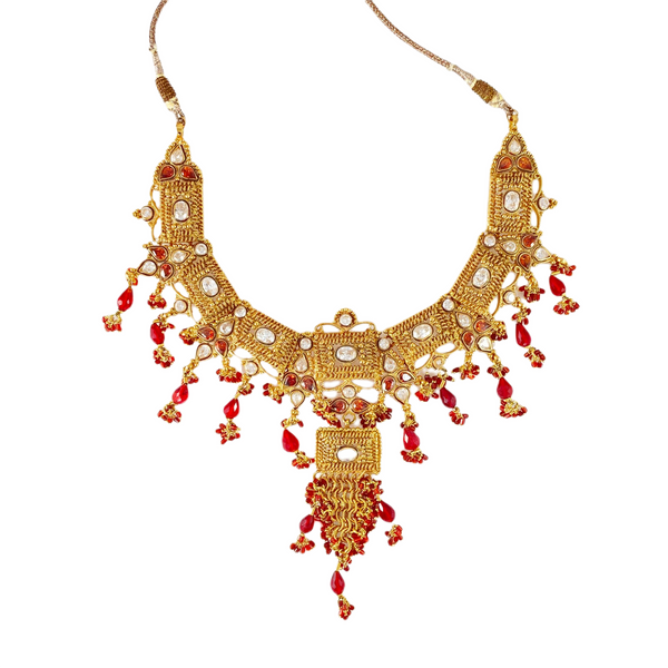 Goldplated polki bridal necklace with garnet stones & red beads