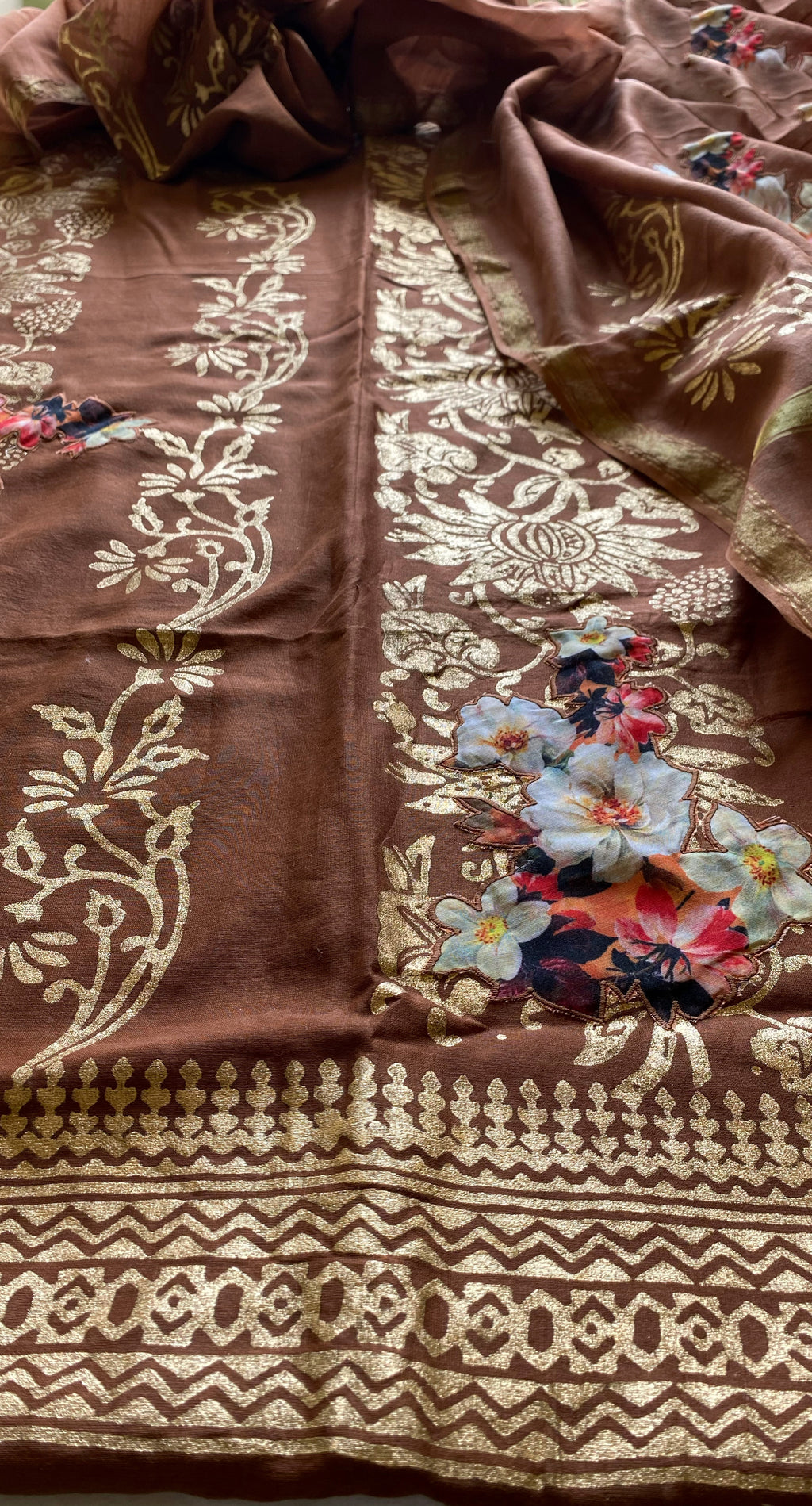 Shirt: Pure Chanderi Silk with Golden Block Print & Printed Flowers Salwar: Santoon Dupatta: Pure Chanderi Silk with Golden Block Print & Printed Flowers Colour: Brown, Peach